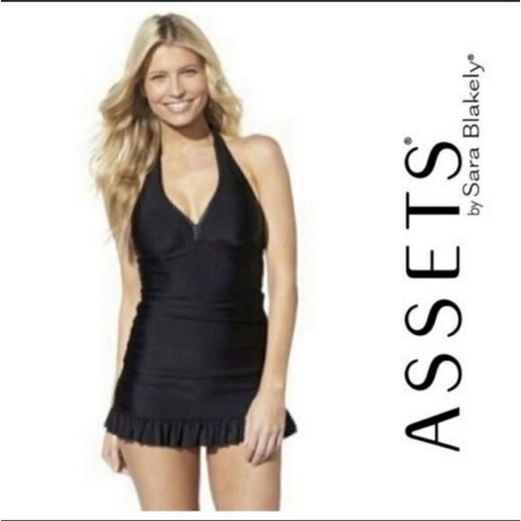 Sara Blakely Spanx Assets Black Halter One-Piece Swimsuit Dress - Picture 2 of 13